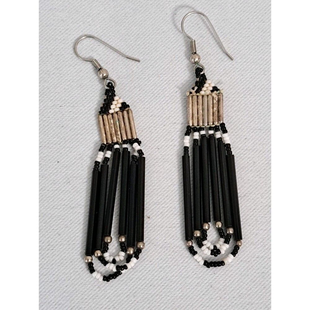Black, White & Silver Beaded Dangle Earrings 3" Boho Hippie Festival